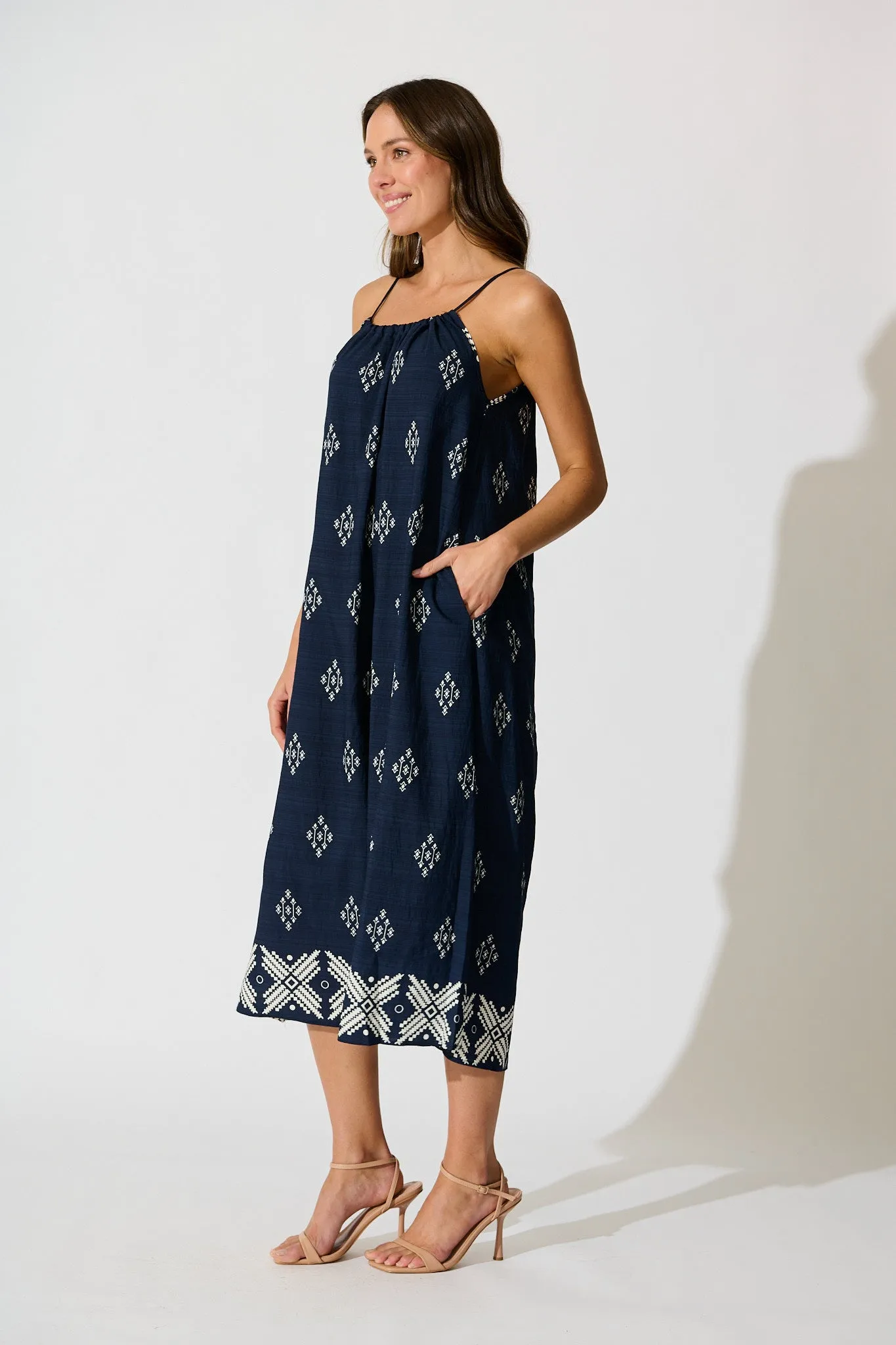 Ovina Maxi Sundress in Navy with White Border Linen Blend sold by St Frock product image thumbnail 3