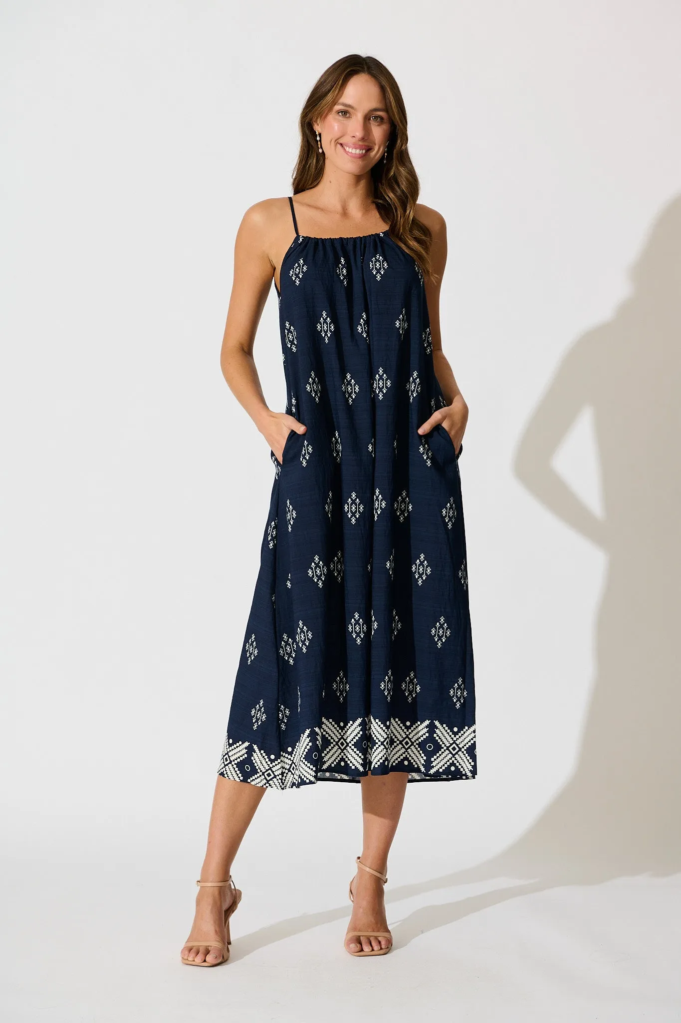 Ovina Maxi Sundress in Navy with White Border Linen Blend sold by St Frock
