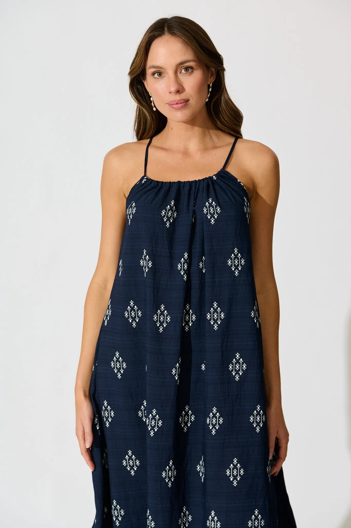 Ovina Maxi Sundress in Navy with White Border Linen Blend sold by St Frock product image thumbnail 2