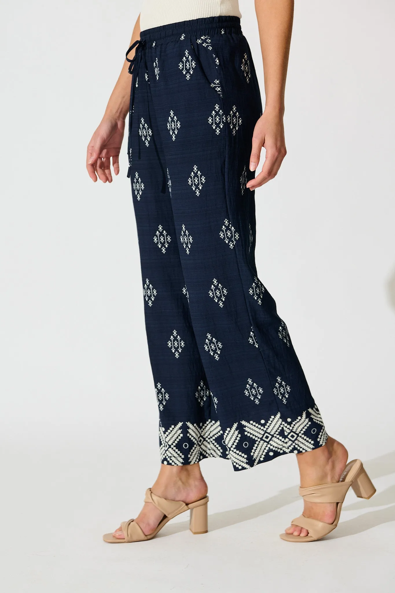 Naia Pant in Navy with White Border Print Linen Blend sold by St Frock product image thumbnail 2