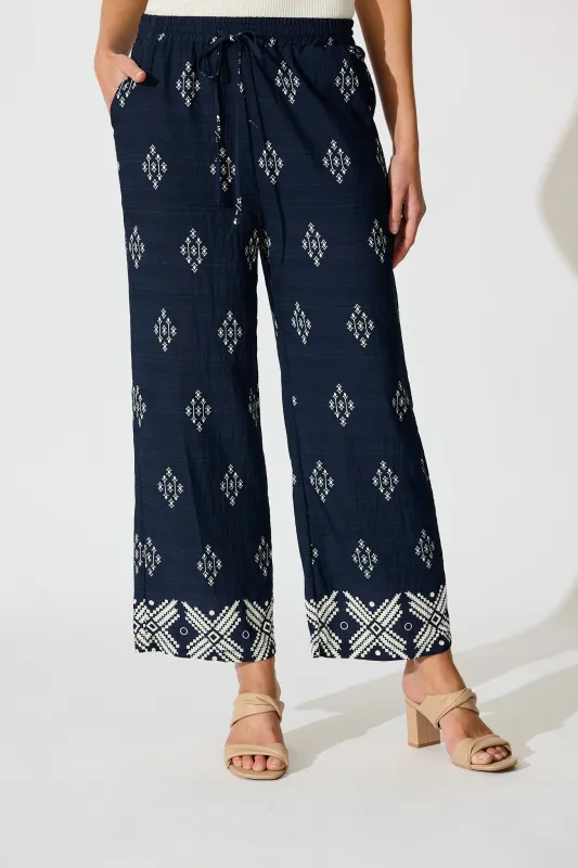 Naia Pant in Navy with White Border Print Linen Blend sold by St Frock