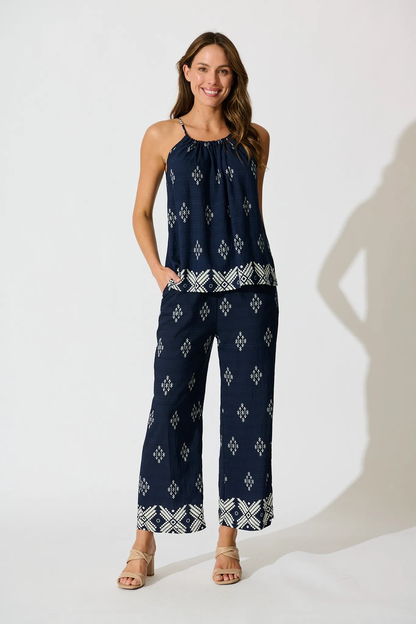 Naia Pant in Navy with White Border Print Linen Blend sold by St Frock product image thumbnail 5