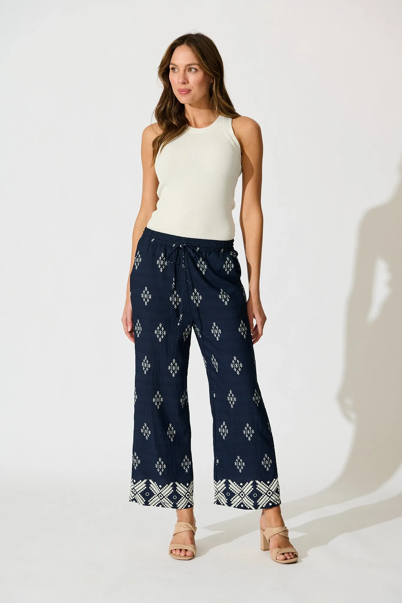Naia Pant in Navy with White Border Print Linen Blend sold by St Frock product image thumbnail 4