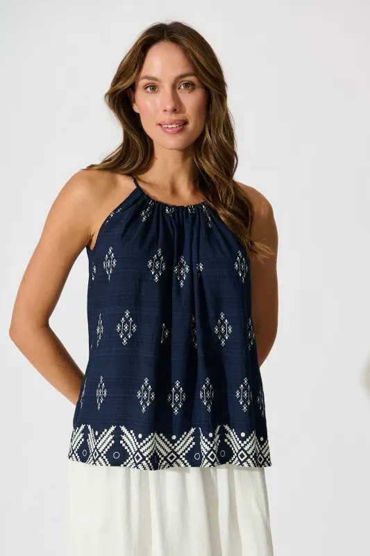 Aiko Top in Navy with White Border Print Linen Blend sold by St Frock