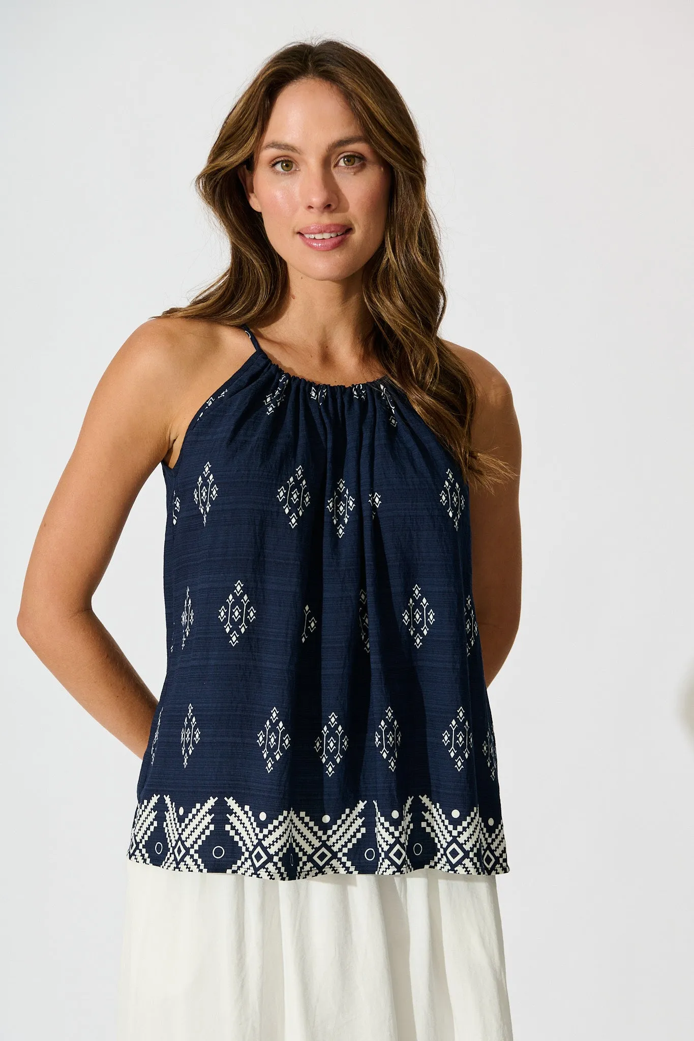 Aiko Top in Navy with White Border Print Linen Blend sold by St Frock