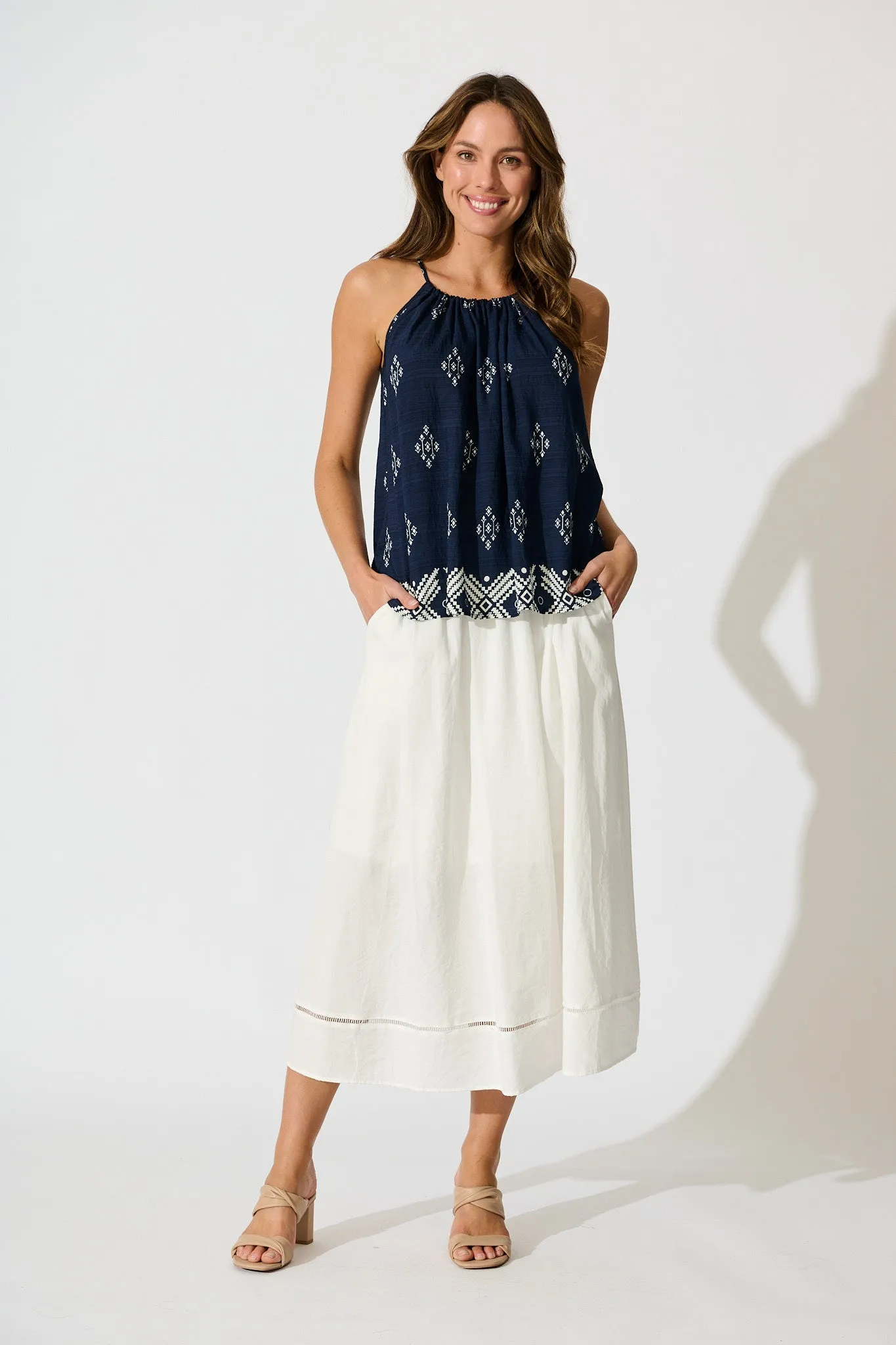 Aiko Top in Navy with White Border Print Linen Blend sold by St Frock product image thumbnail 4