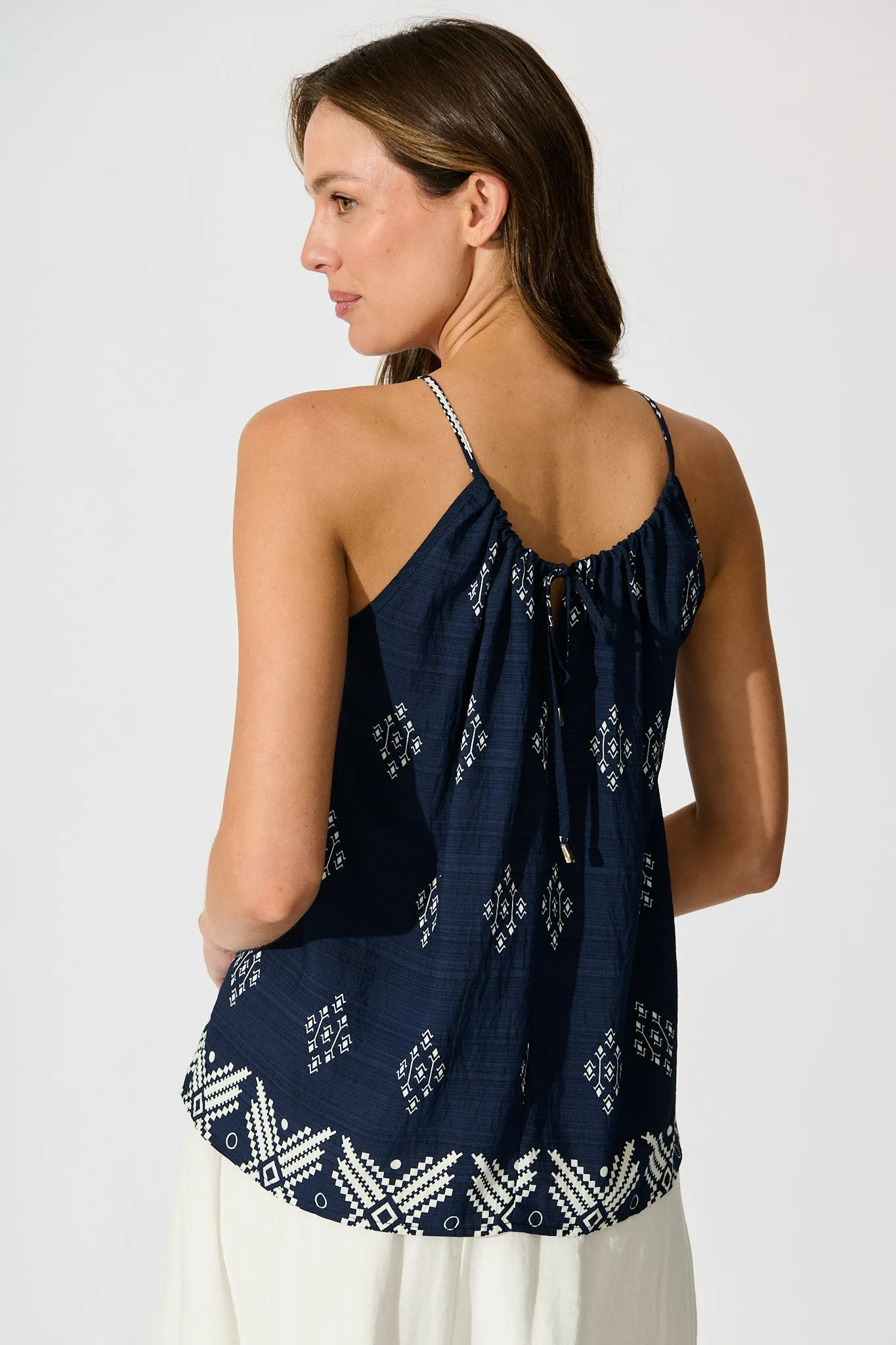 Aiko Top in Navy with White Border Print Linen Blend sold by St Frock product image thumbnail 3
