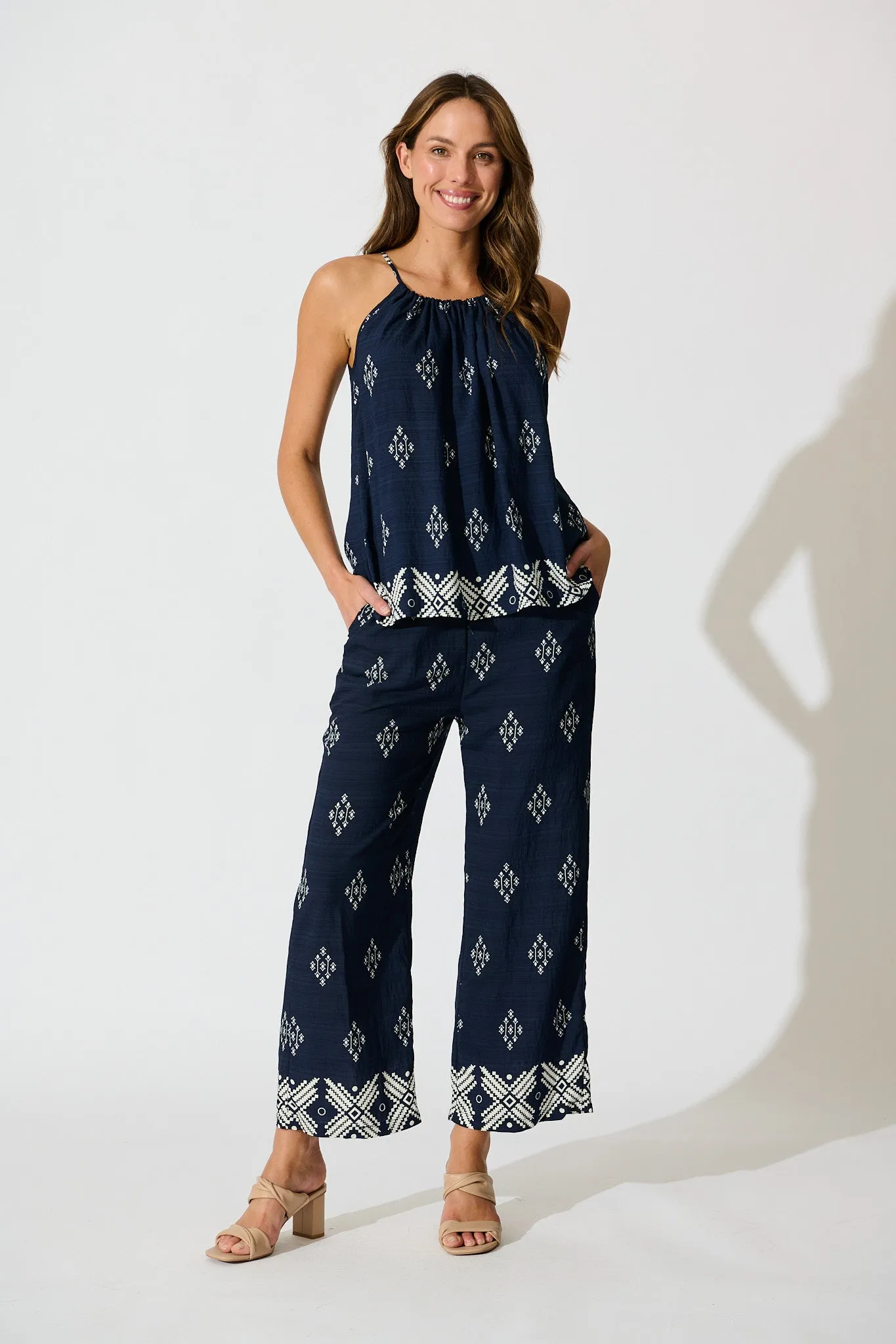 Aiko Top in Navy with White Border Print Linen Blend sold by St Frock product image thumbnail 5