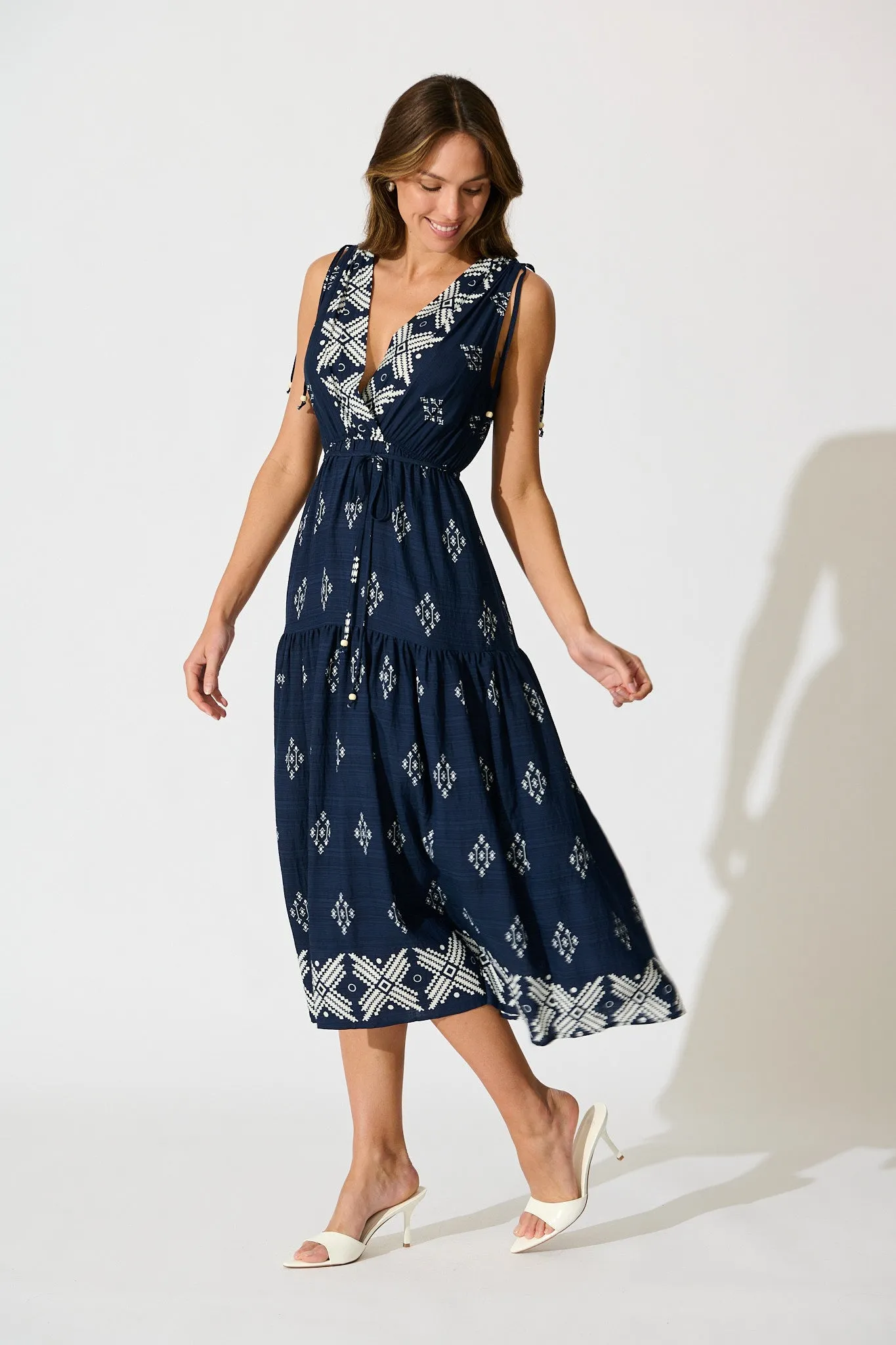 Amabelle Midi Dress in Navy with White Border Linen Blend sold by St Frock product image thumbnail 3