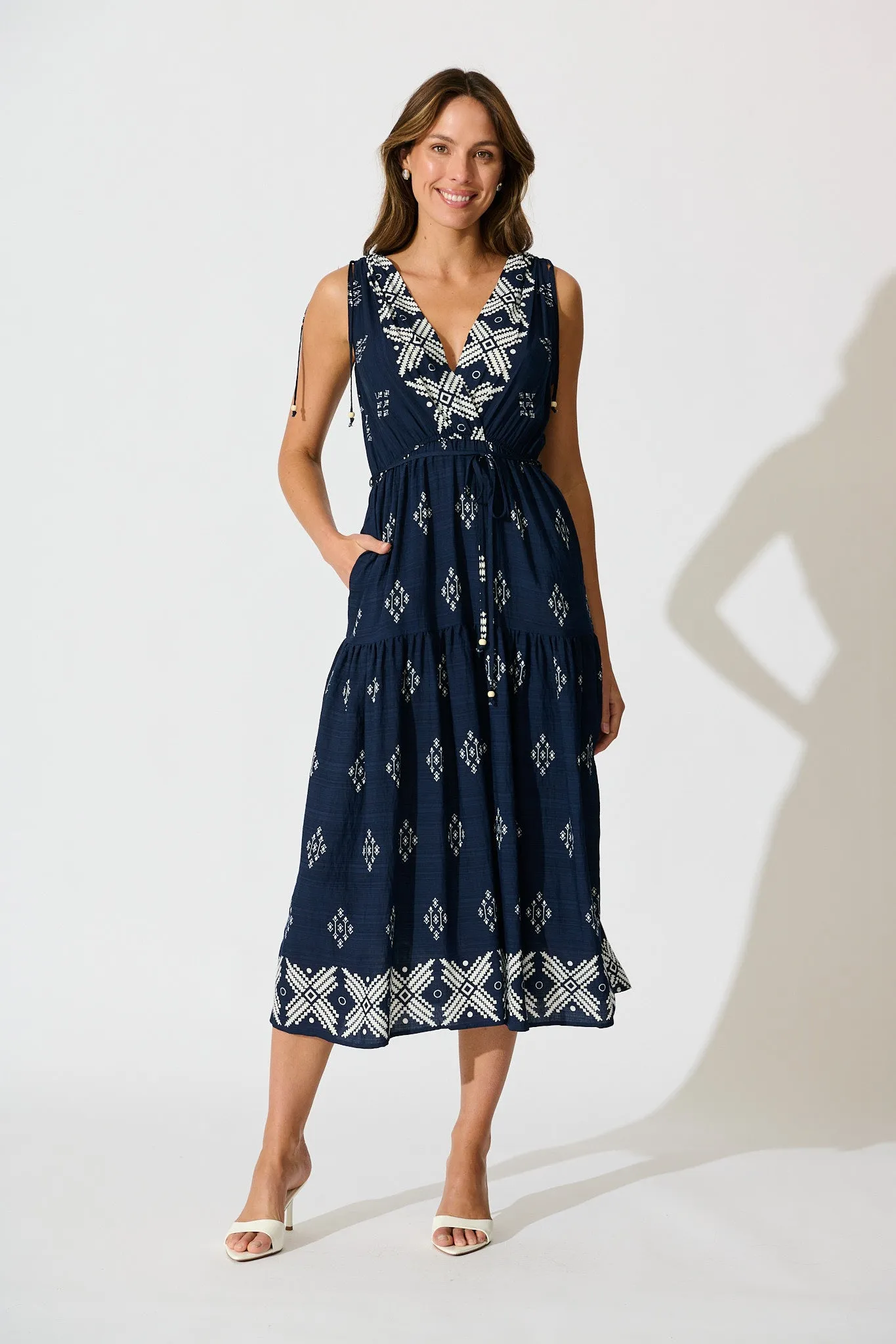 Amabelle Midi Dress in Navy with White Border Linen Blend sold by St Frock