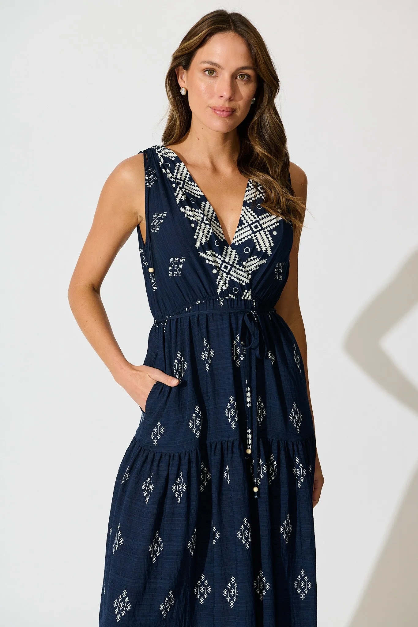 Amabelle Midi Dress in Navy with White Border Linen Blend sold by St Frock product image thumbnail 2