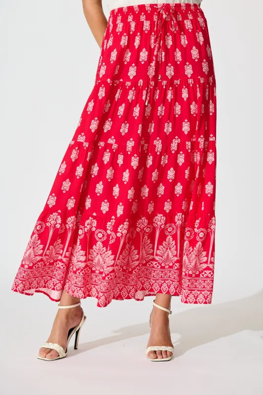 Amadi Maxi Skirt in Red with Pink Boho Print sold by St Frock