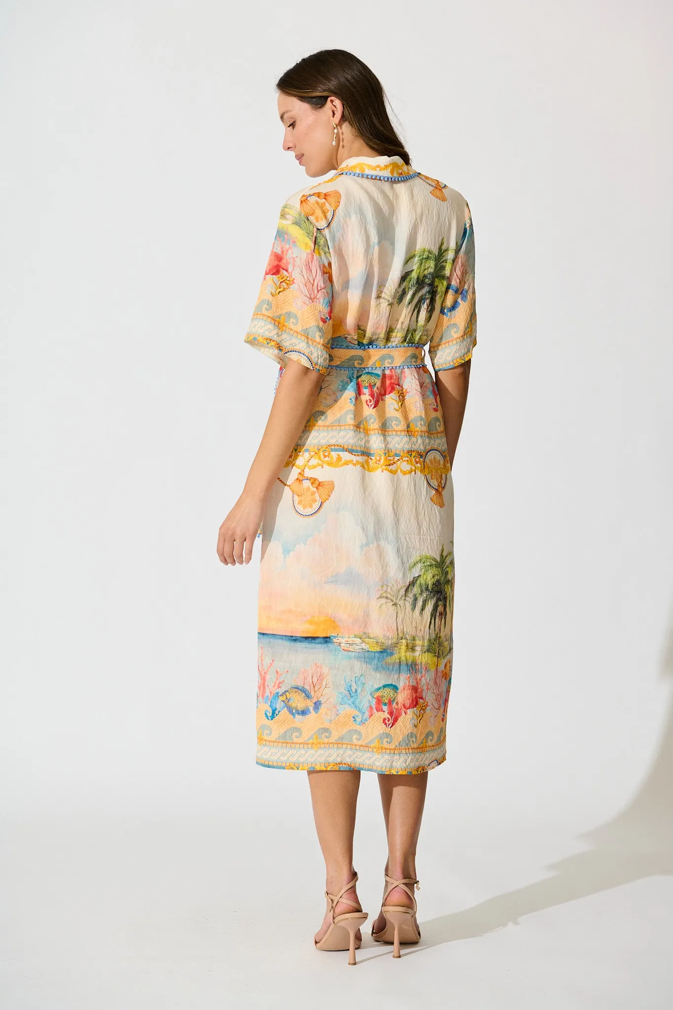 Elowen Midi Shirt Dress in Beige Multi Summer Print sold by St Frock product image thumbnail 4