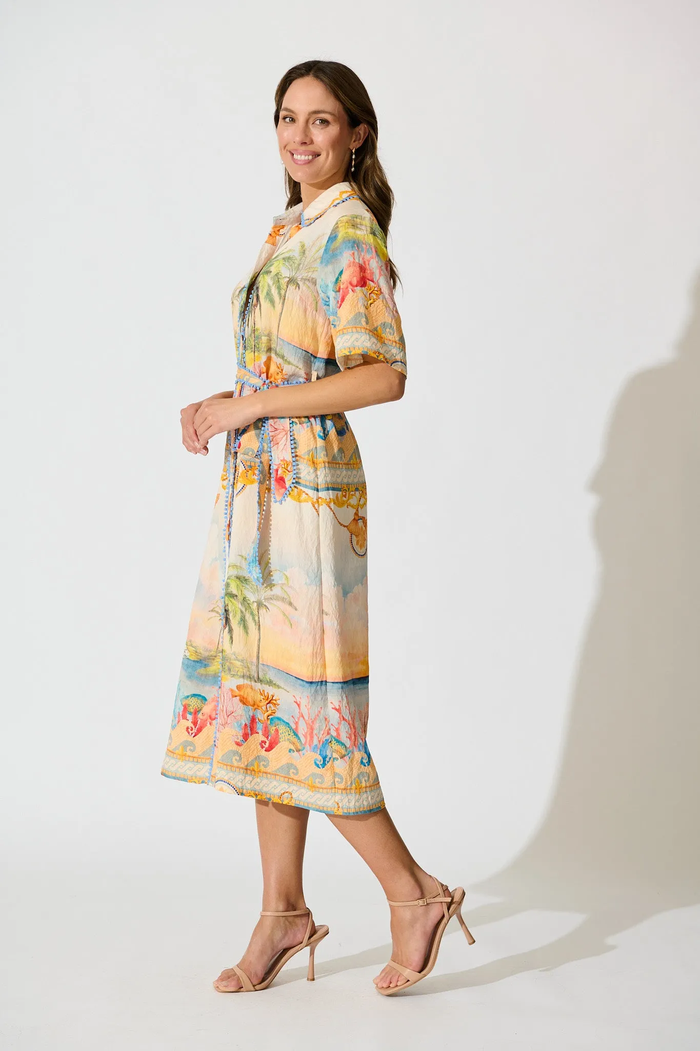 Elowen Midi Shirt Dress in Beige Multi Summer Print sold by St Frock product image thumbnail 3