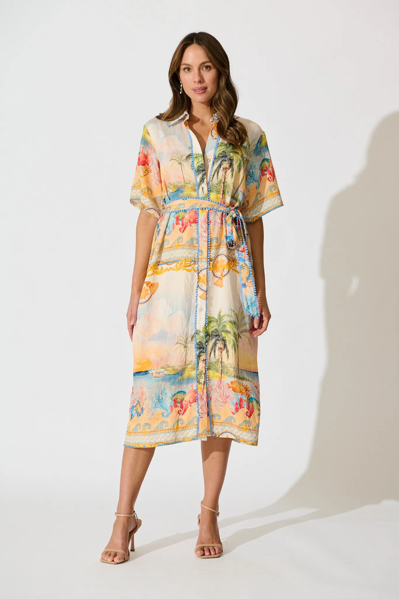 Elowen Midi Shirt Dress in Beige Multi Summer Print sold by St Frock