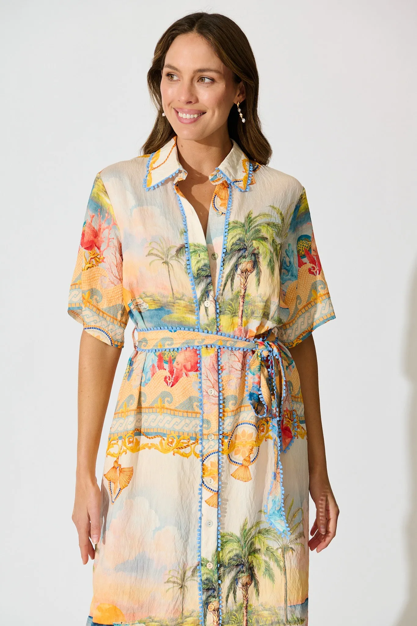 Elowen Midi Shirt Dress in Beige Multi Summer Print sold by St Frock product image thumbnail 2