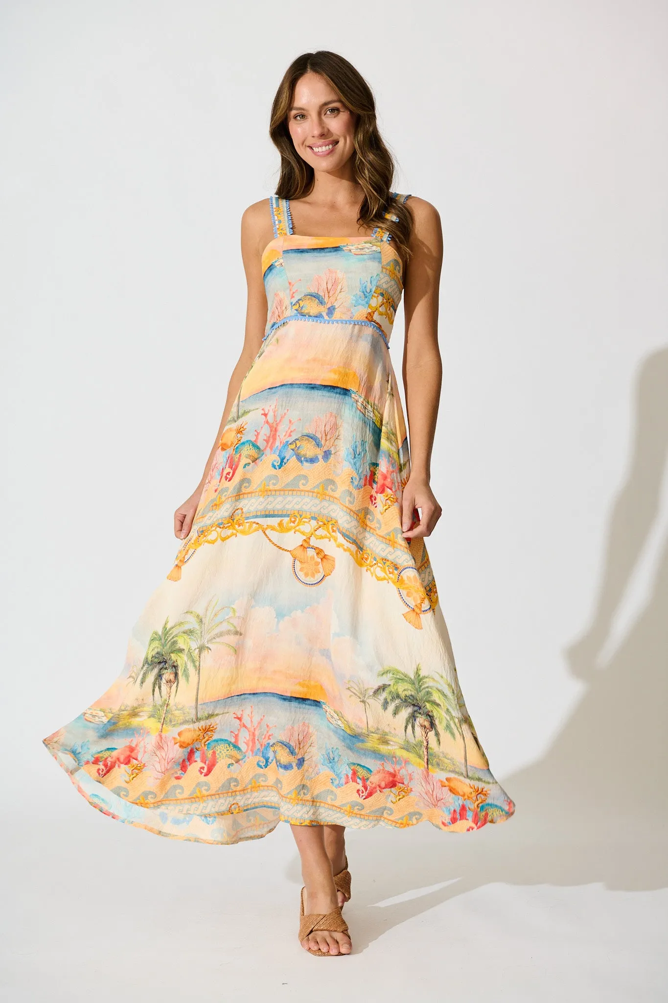 Malva Maxi Sundress in Beige Multi Summer Print sold by St Frock
