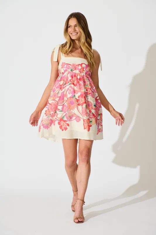 Hazie Sundress Cream with Pink Multi Floral Linen Blend sold by St Frock