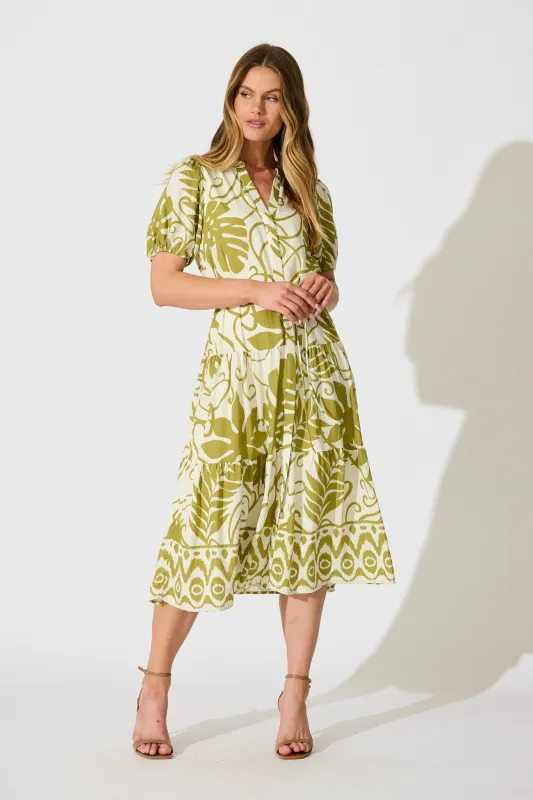 Mariza Midi Dress in Green with Cream Leaf Print sold by St Frock