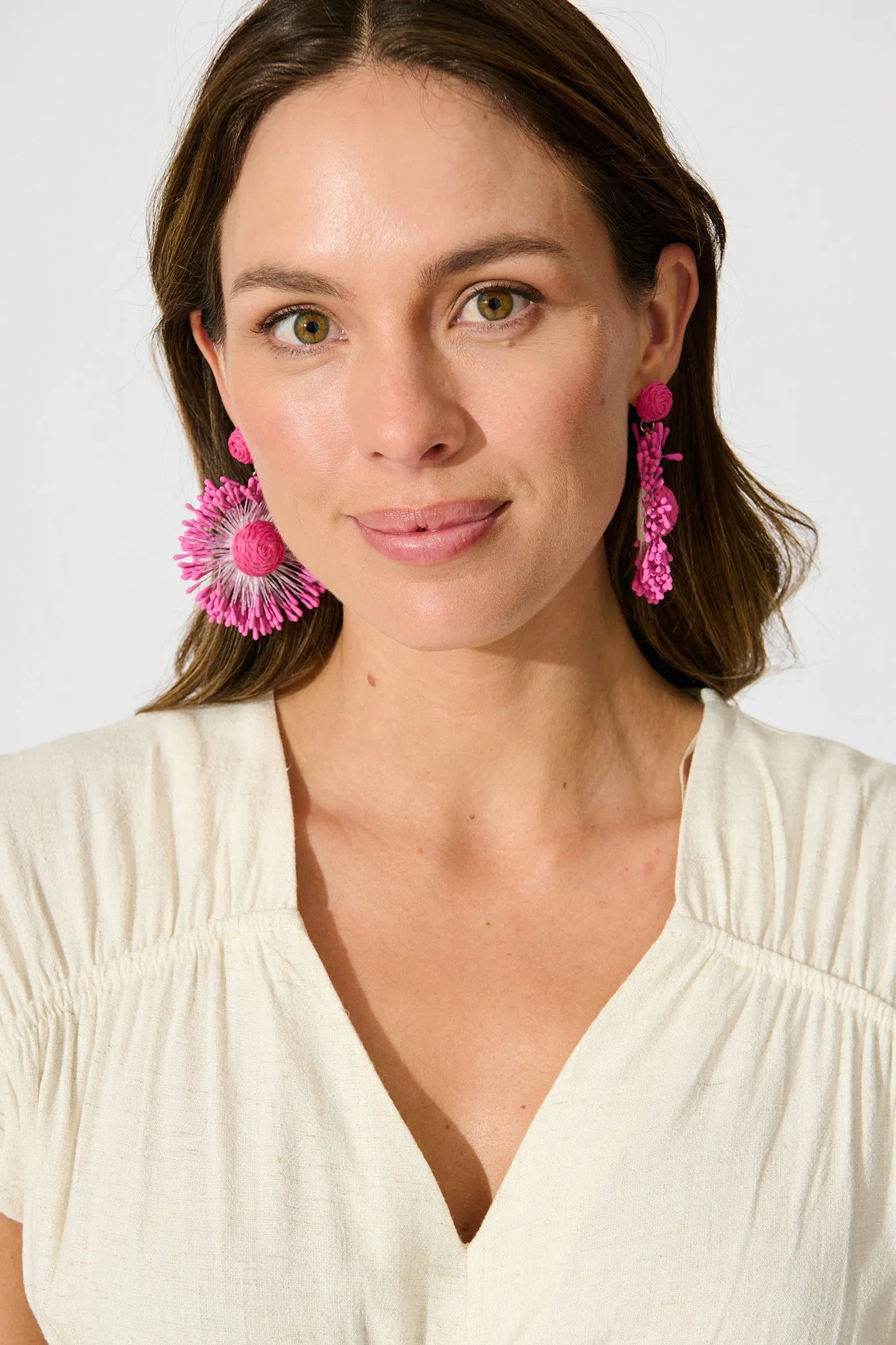 Havana Raffia Drop Earrings in Pink sold by St Frock