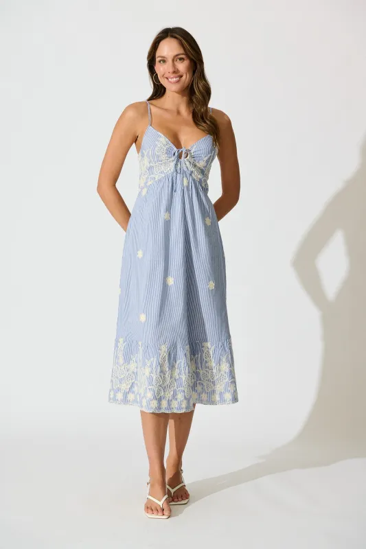 Dorah Midi Sundress in Blue Stripe with Floral Embroidery Cotton sold by St Frock