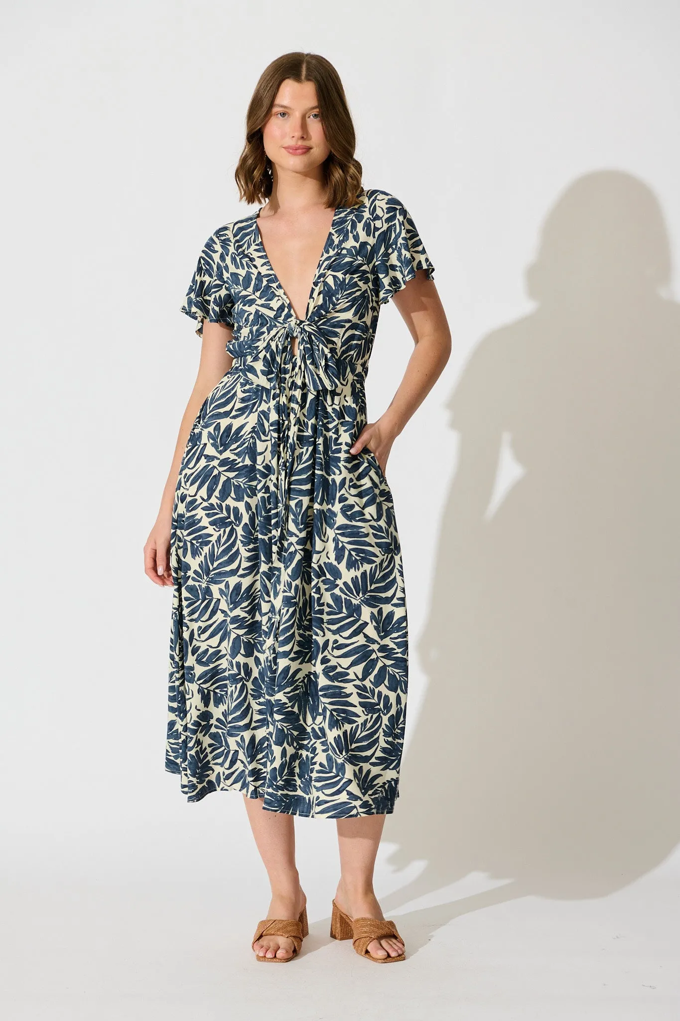 Ellerie Midi Dress in Navy and Cream Leaf Print sold by St Frock product image thumbnail 5