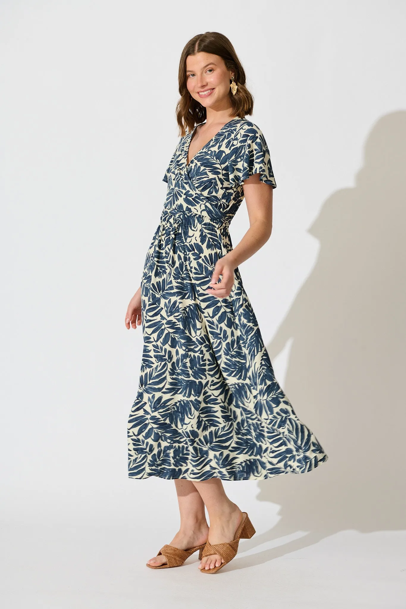 Ellerie Midi Dress in Navy and Cream Leaf Print sold by St Frock product image thumbnail 3