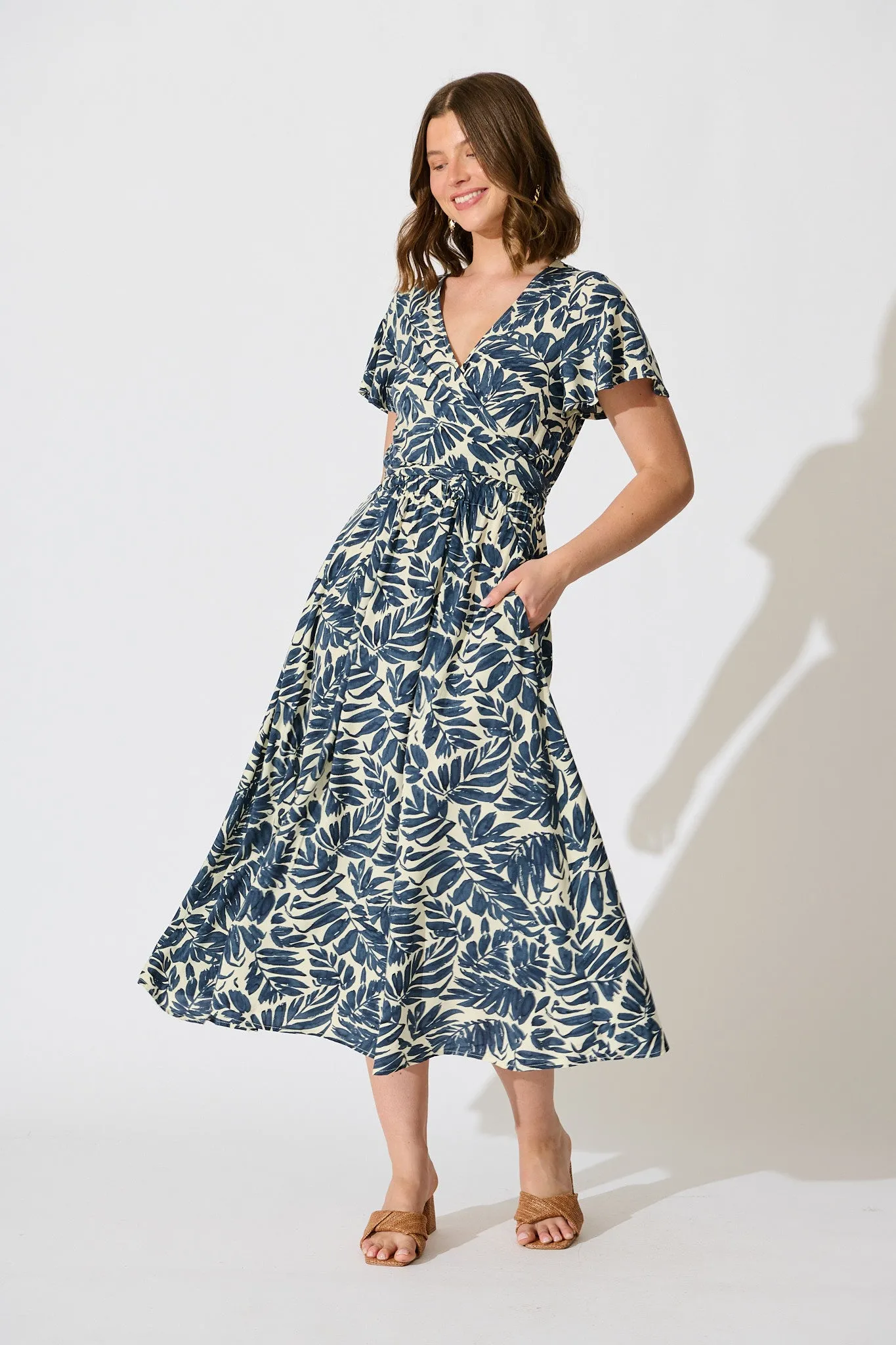 Ellerie Midi Dress in Navy and Cream Leaf Print sold by St Frock