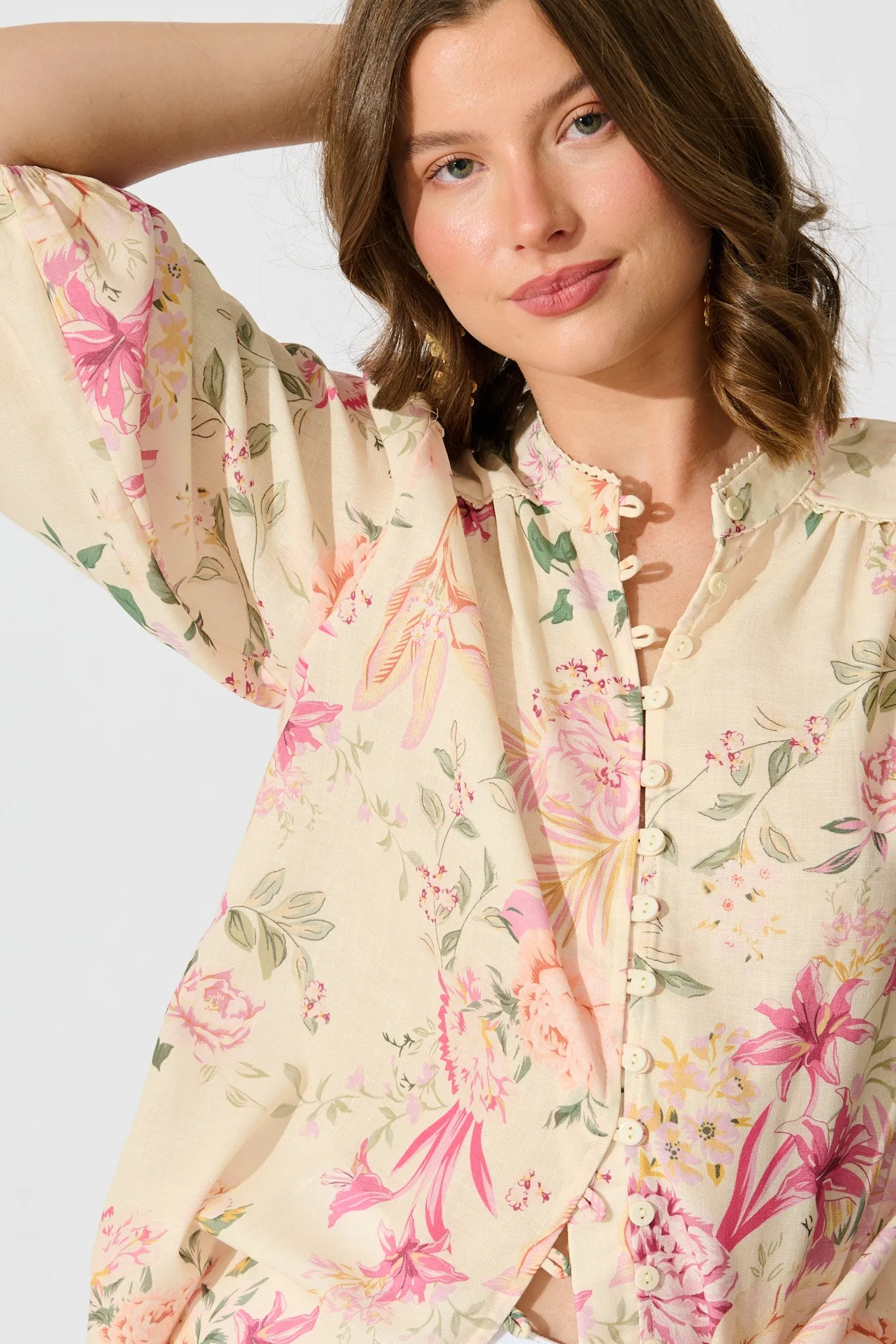 Marigold Muse Top In Butter Yellow Pink Floral Linen Blend sold by St Frock product image thumbnail 5