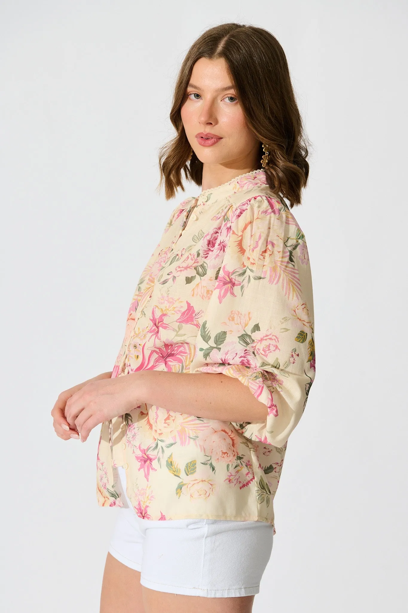 Marigold Muse Top In Butter Yellow Pink Floral Linen Blend sold by St Frock product image thumbnail 2