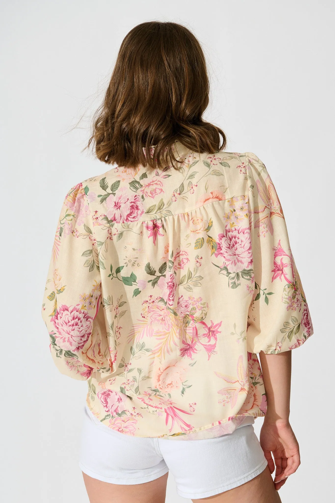Marigold Muse Top In Butter Yellow Pink Floral Linen Blend sold by St Frock product image thumbnail 3