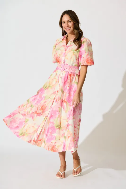 Sunset Bouquet Maxi Shirt Dress in Pink Multi Floral Linen Blend sold by St Frock