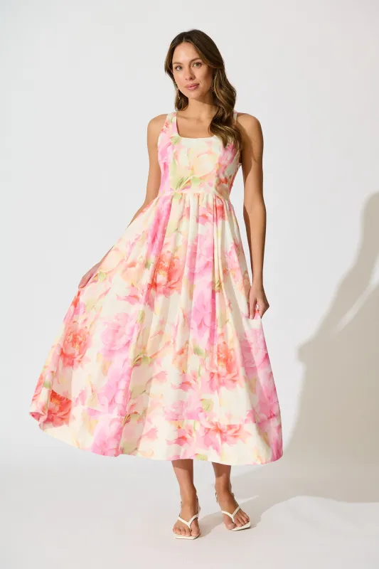 Garden Soirée Maxi Dress in Pink Multi Floral Linen Blend sold by St Frock