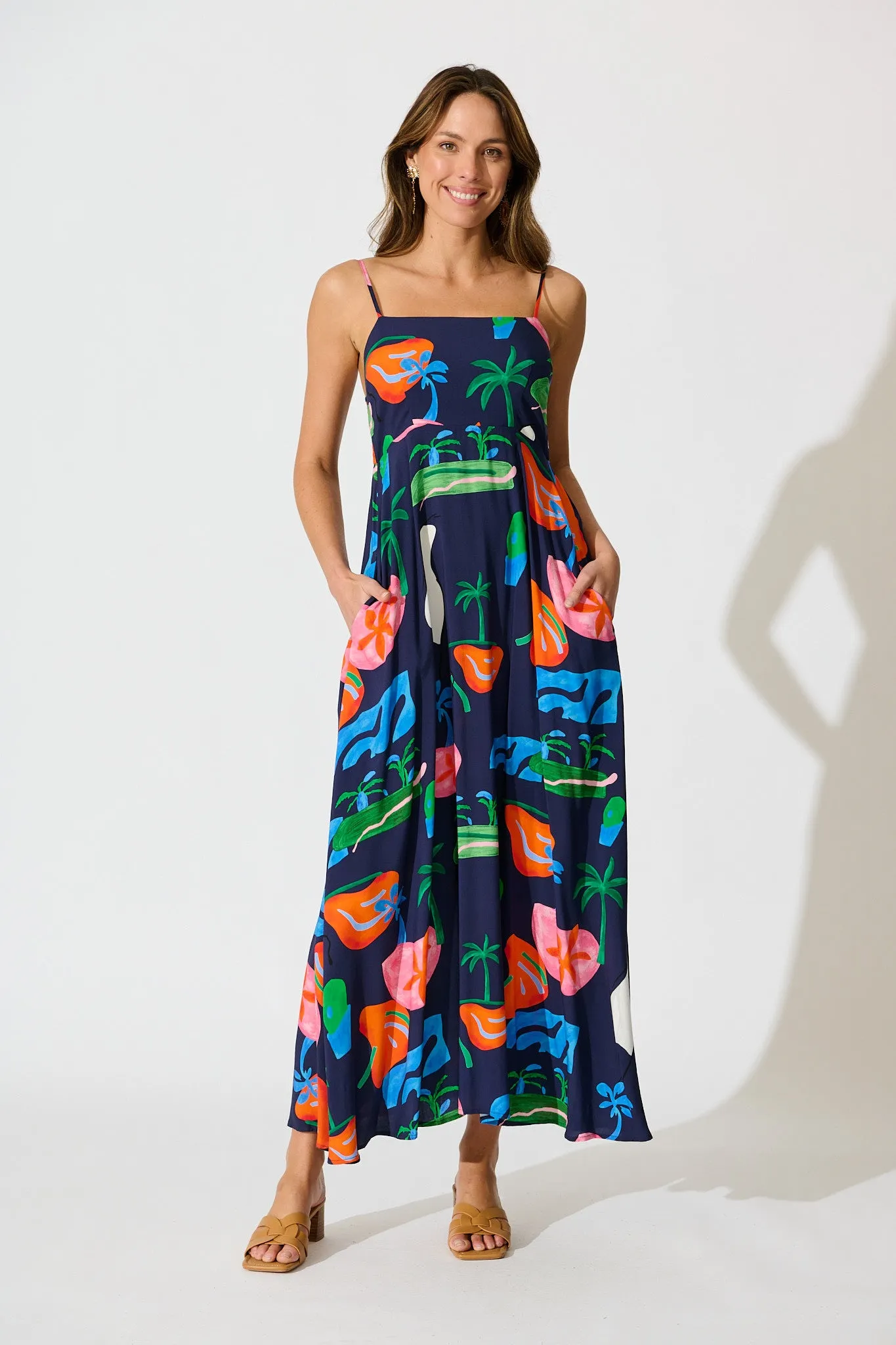 Dusky Petals Maxi Sundress in Navy Multi Print sold by St Frock