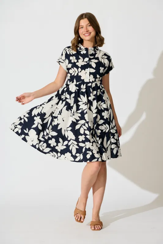 Amour Fields Dress in Navy Floral Cotton Poplin sold by St Frock
