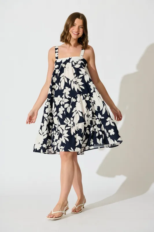 Petal Haze Sundress in Navy Floral Cotton Poplin sold by St Frock