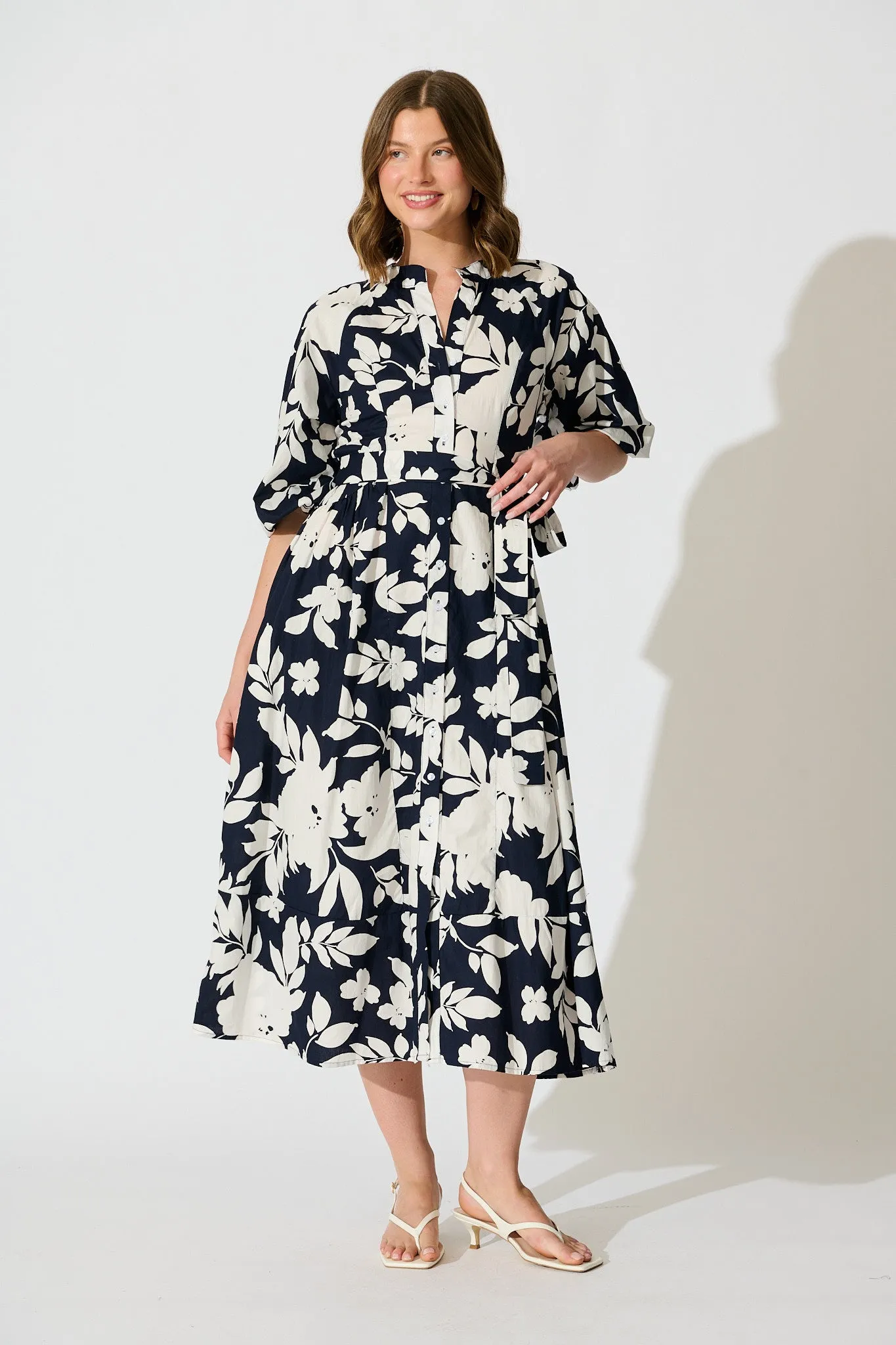 Willow Sky Midi Dress in Navy Floral Cotton Poplin sold by St Frock