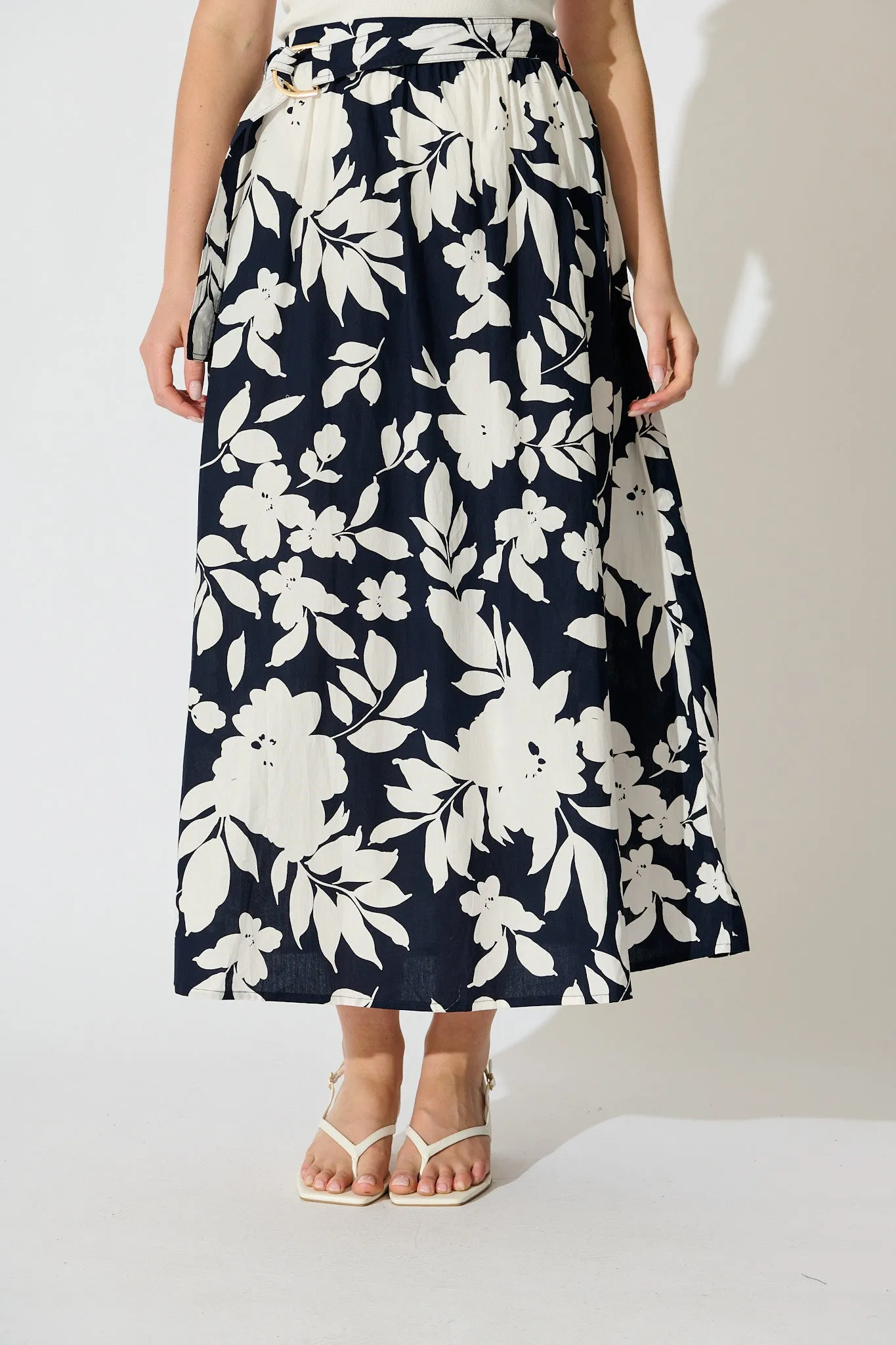 Tyra Maxi Skirt in Navy Floral Cotton Poplin sold by St Frock