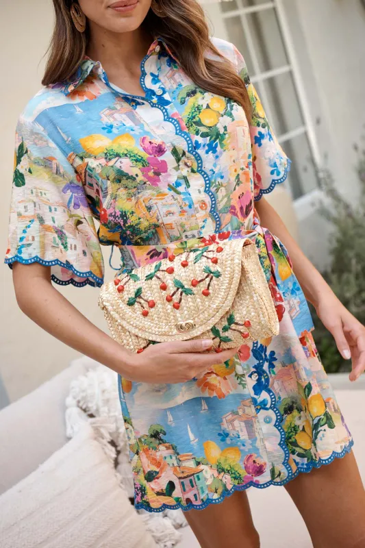 Clara Cherry Embroidered Straw Crossbody Bag in Natural made by St Frock