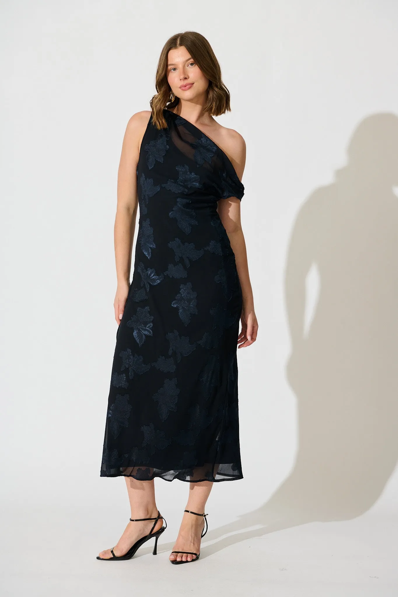 Lunar Romance Off Shoulder Maxi Dress in Navy Burnout Chiffon sold by St Frock