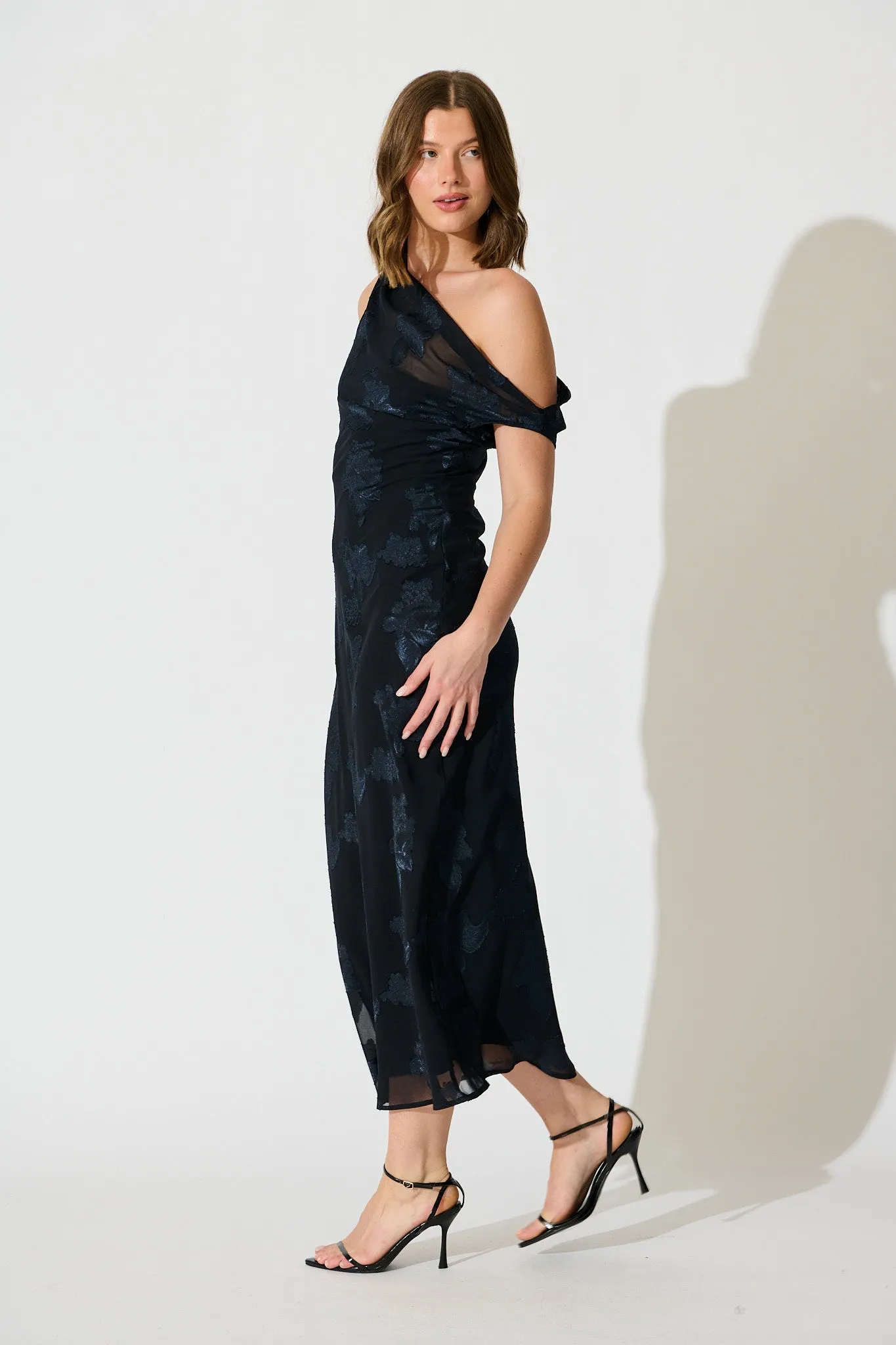 Lunar Romance Off Shoulder Maxi Dress in Navy Burnout Chiffon sold by St Frock product image thumbnail 3
