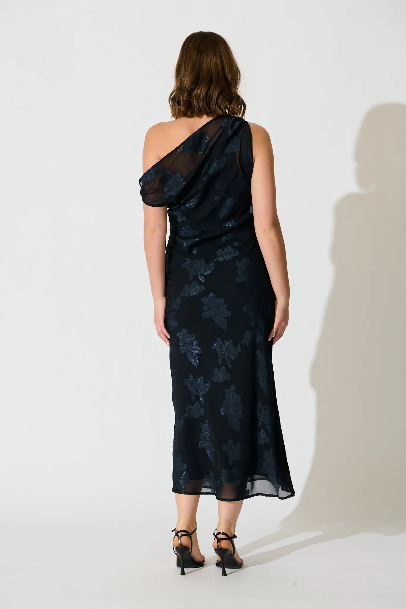 Lunar Romance Off Shoulder Maxi Dress in Navy Burnout Chiffon sold by St Frock product image thumbnail 4