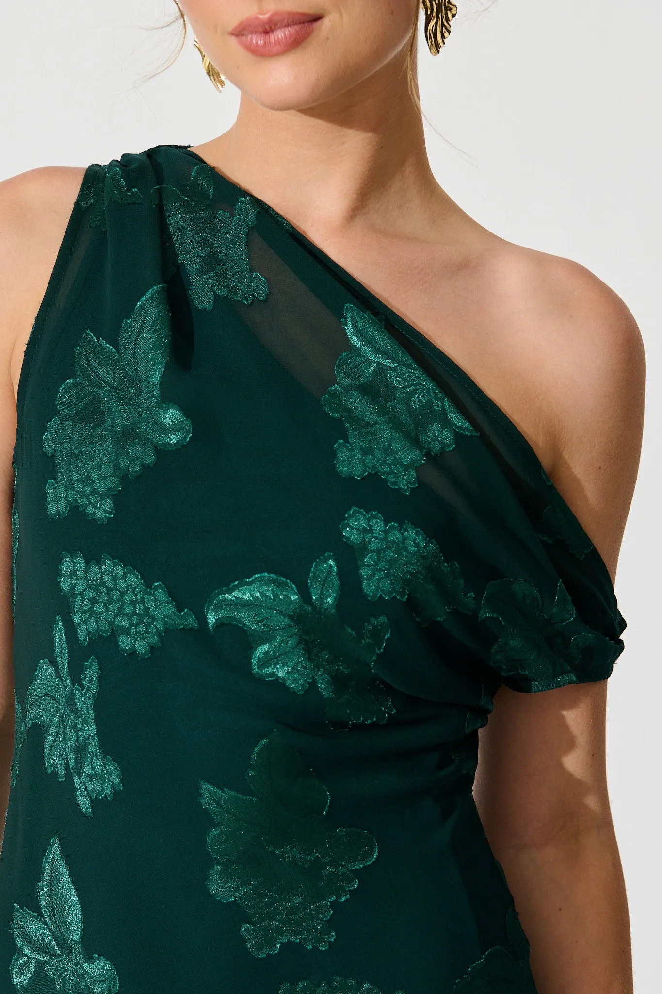 Lunar Romance Off Shoulder Maxi Dress in Emerald Burnout Chiffon sold by St Frock product image thumbnail 5