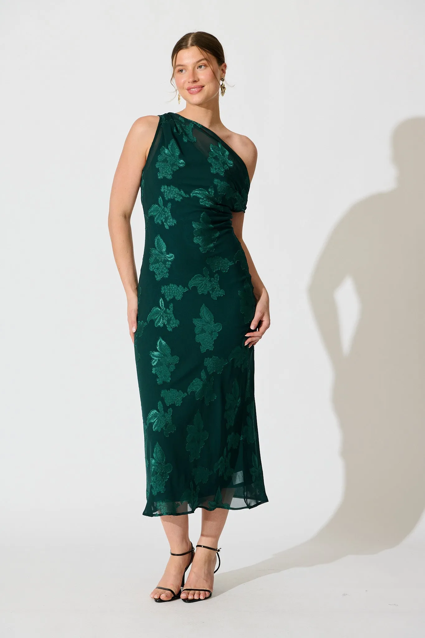 Lunar Romance Off Shoulder Maxi Dress in Emerald Burnout Chiffon sold by St Frock