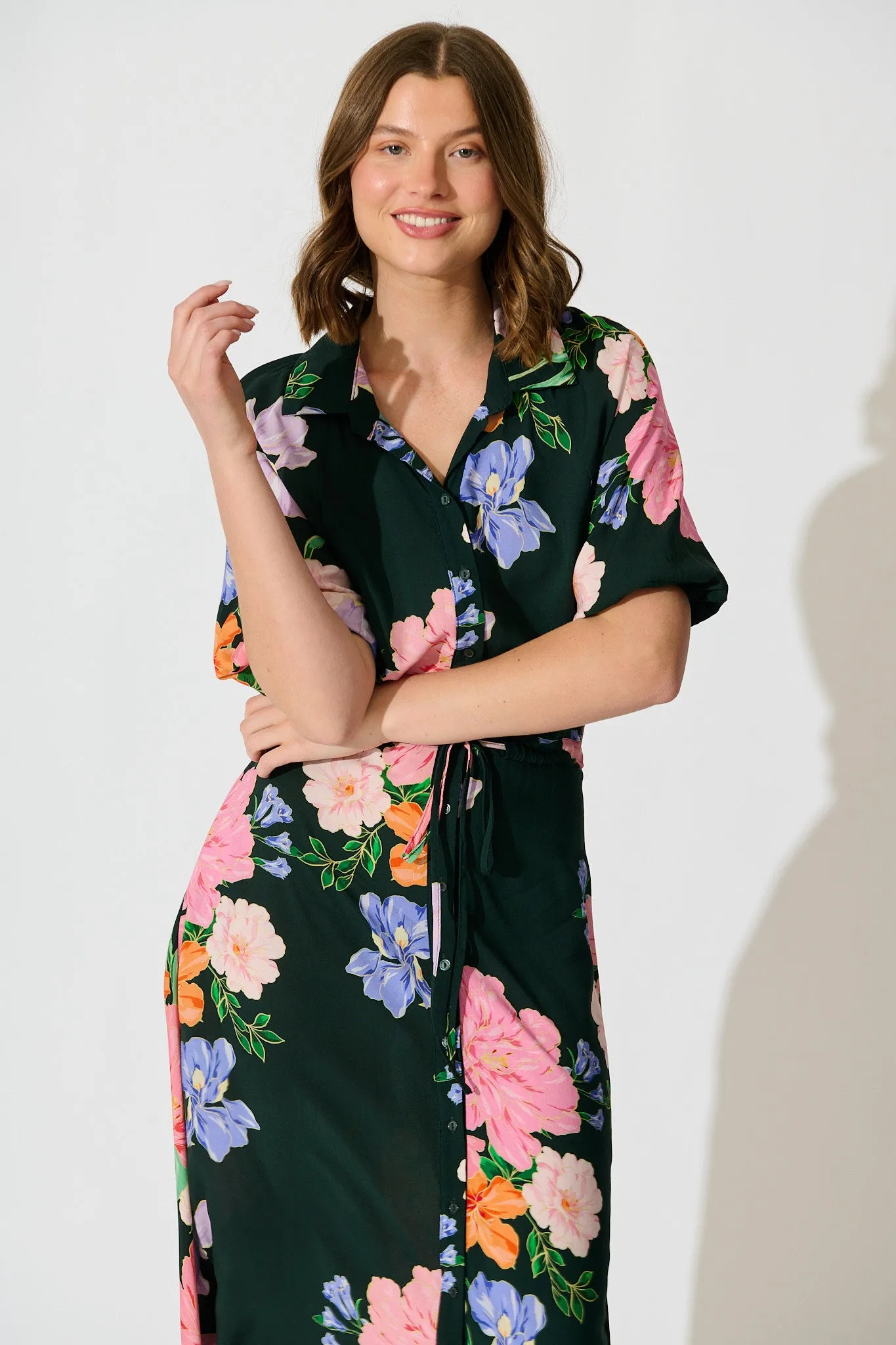 Isla Botanica Midi Shirt Dress in Green with Multi Floral sold by St Frock product image thumbnail 2