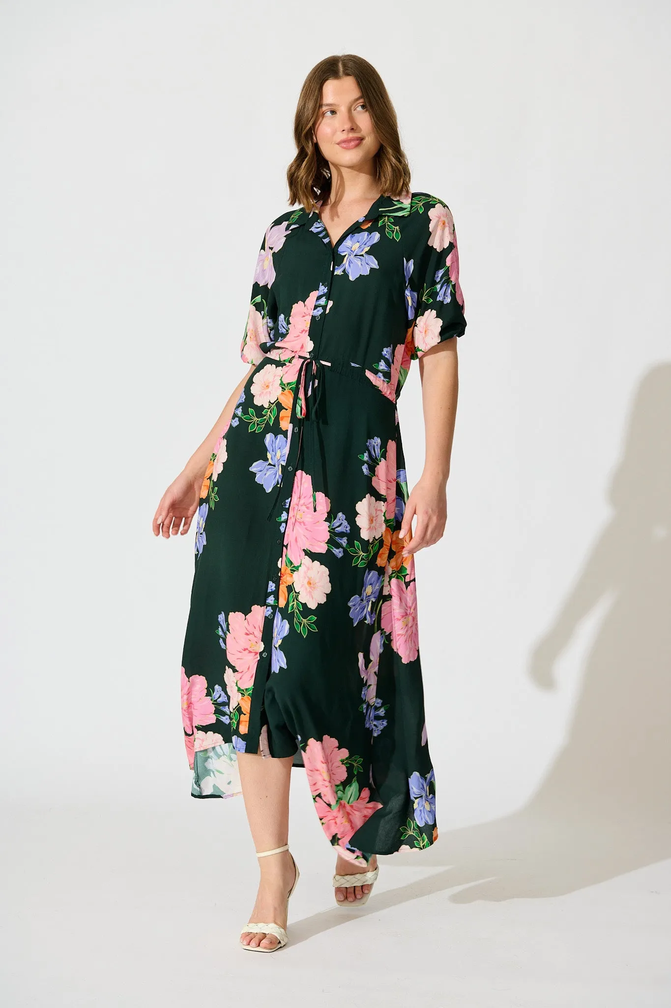 Isla Botanica Midi Shirt Dress in Green with Multi Floral sold by St Frock