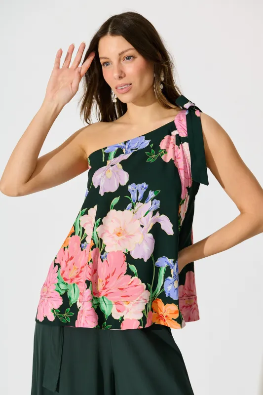 Paloma Fleur One Shoulder Top in Green with Multi Floral sold by St Frock
