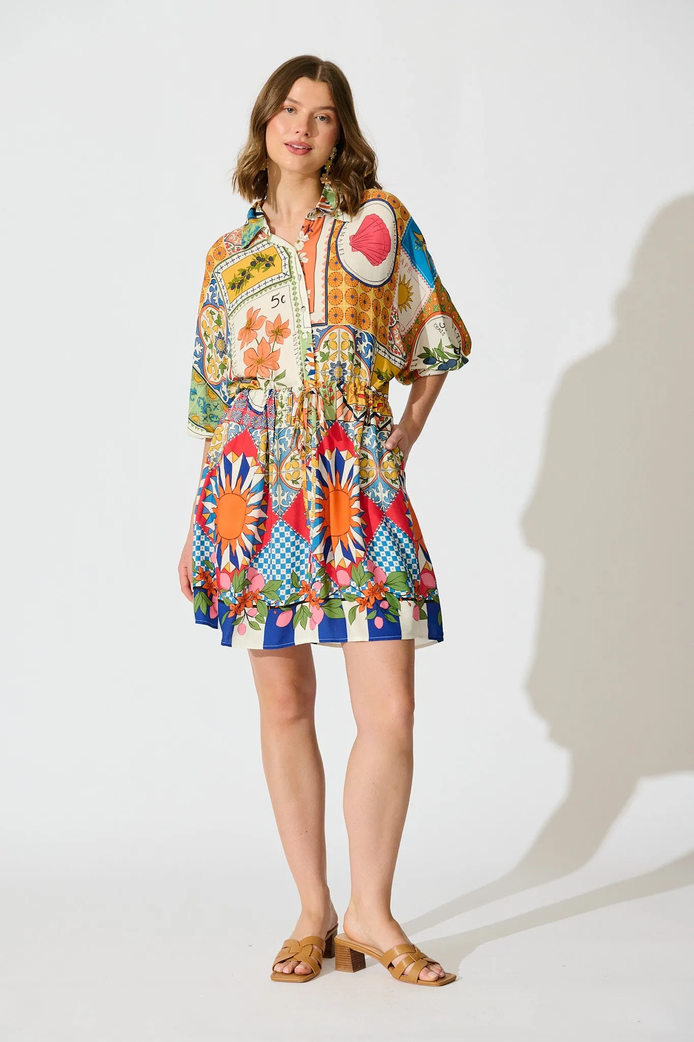 Garden Of Tiles Shirt Dress in Multi Tile Print sold by St Frock
