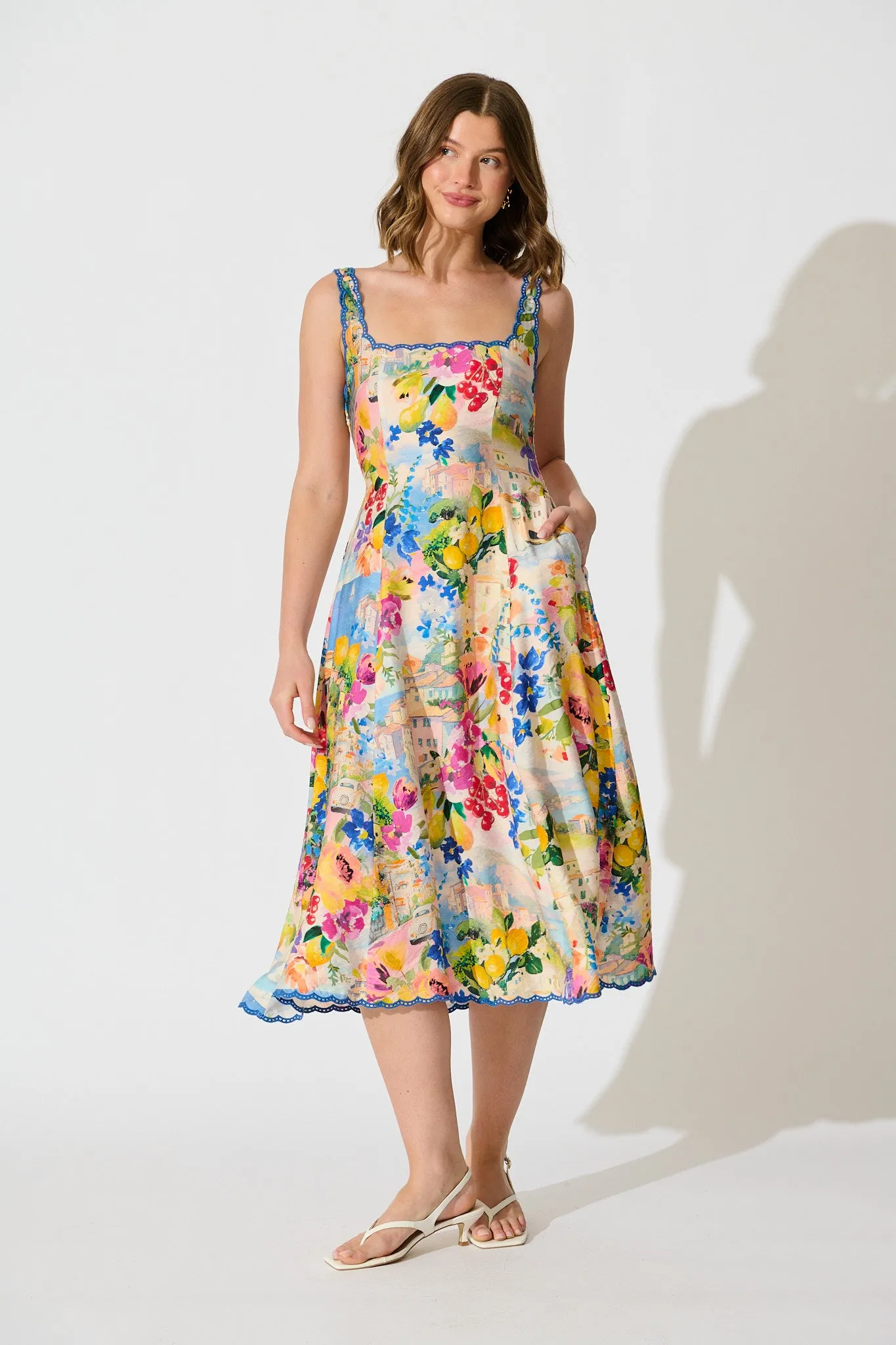 Tuscan Muse Midi Sundress in Multi Floral with Navy Trim sold by St Frock product image thumbnail 2