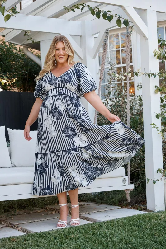 Sailaway Midi Dress in Navy Stripe Floral sold by St Frock